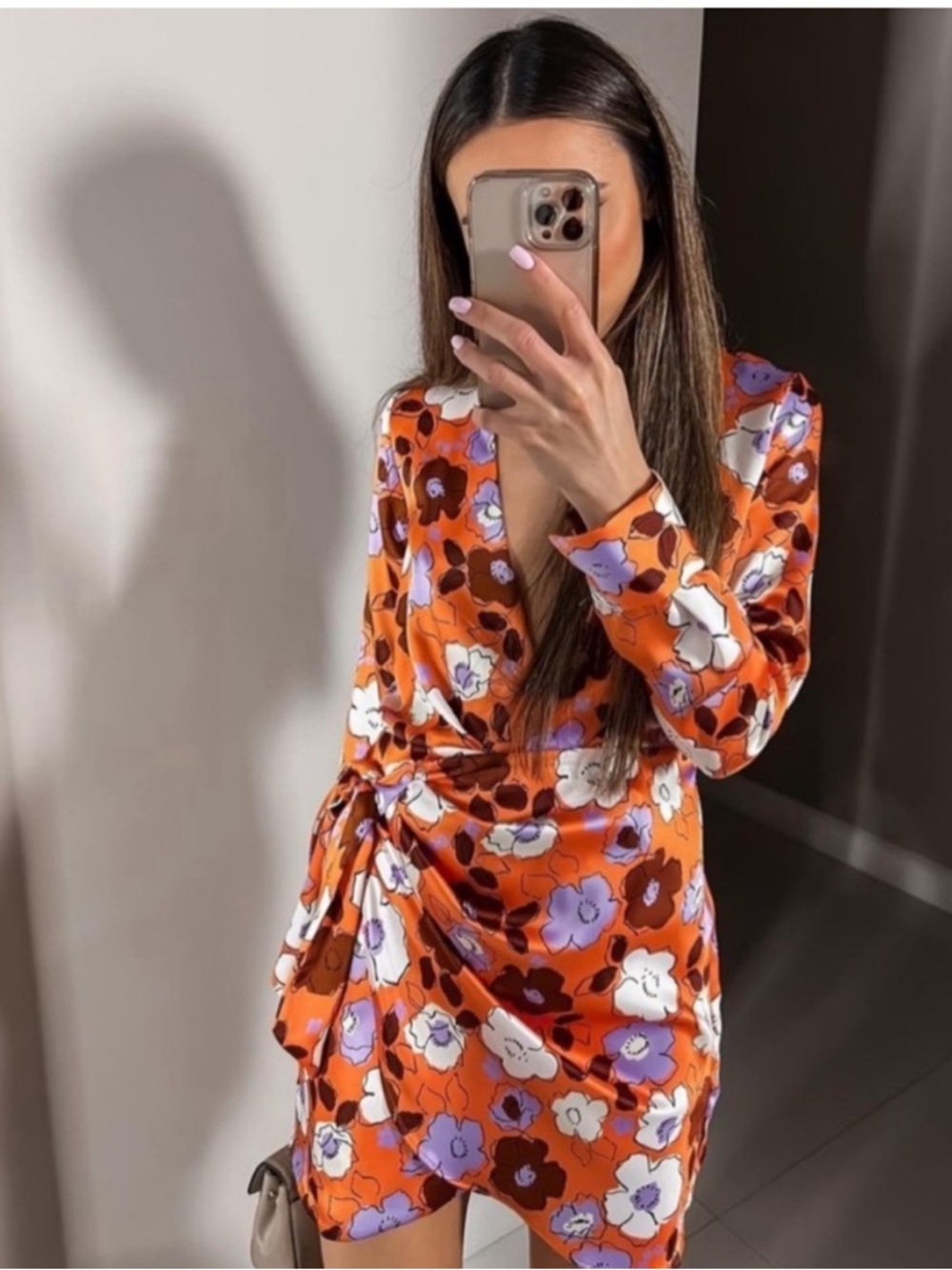 Zara Orange Floral Wrap Dress with Purple and White Blooms